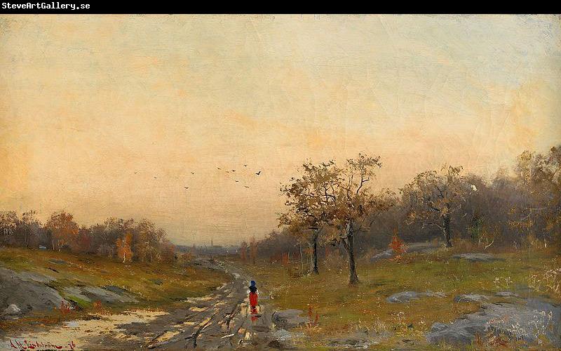 Mauritz Lindstrom Autumn Landscape with a Woman on a Road